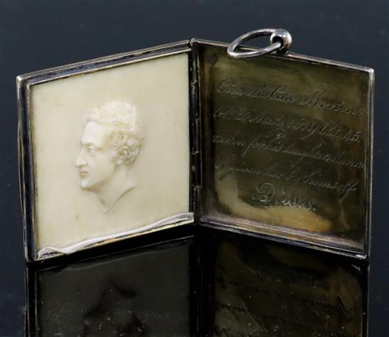 A late George III parcel gilt silver and ivory square mourning locket,